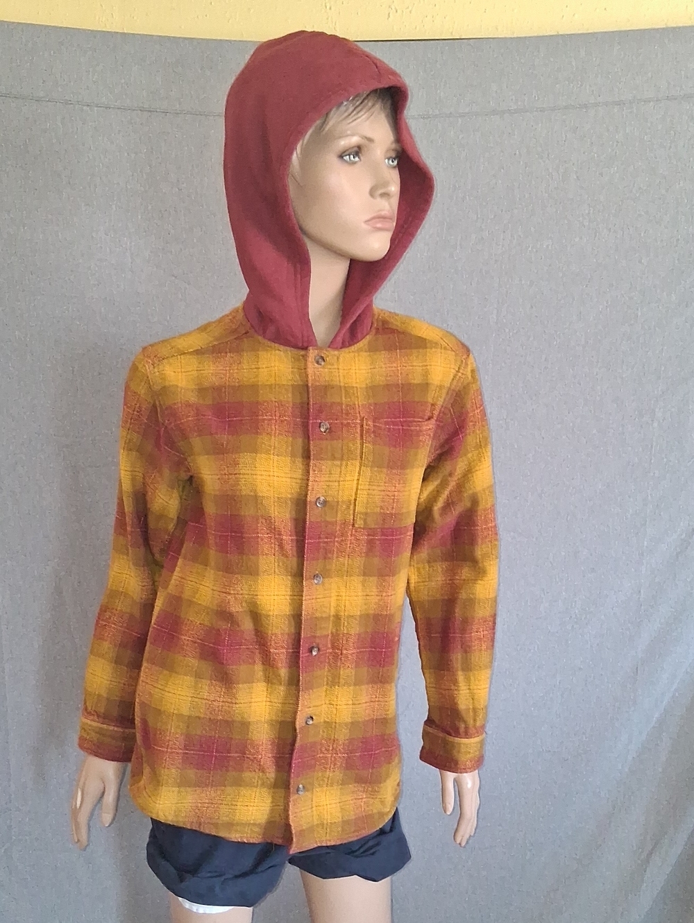 Epic Threads Hooded Plaid Shirt Jacket in Mustard & Burgundy